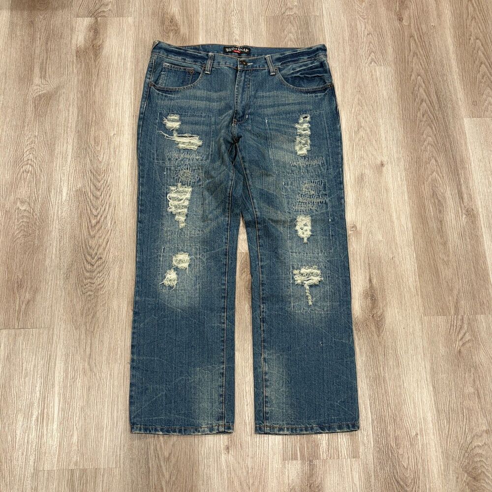 Vintage 90s 00s Y2K Red Snap Men's Distressed Denim Jeans Relaxed Straight 38x31